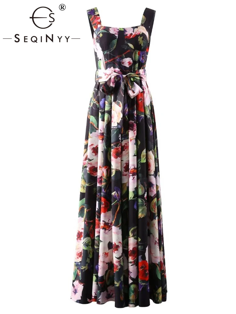 

SEQINYY Women's Black Long Dress Strapless Vintage Flower Print Belt A-Line Fashion Design Runway Summer Spring, New