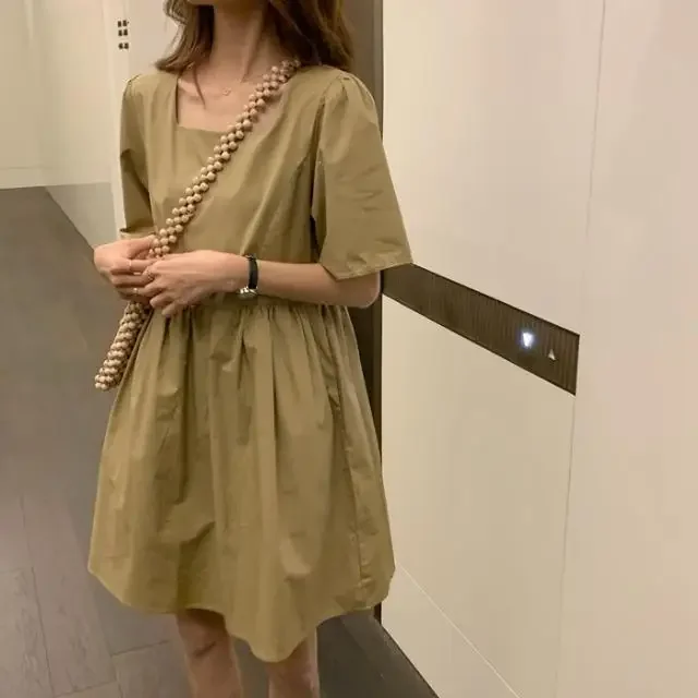 Summer Korean Version Loose Short-sleeved Square Neck Dress Female Loose Internet Celebrity Foreign Style Skirt