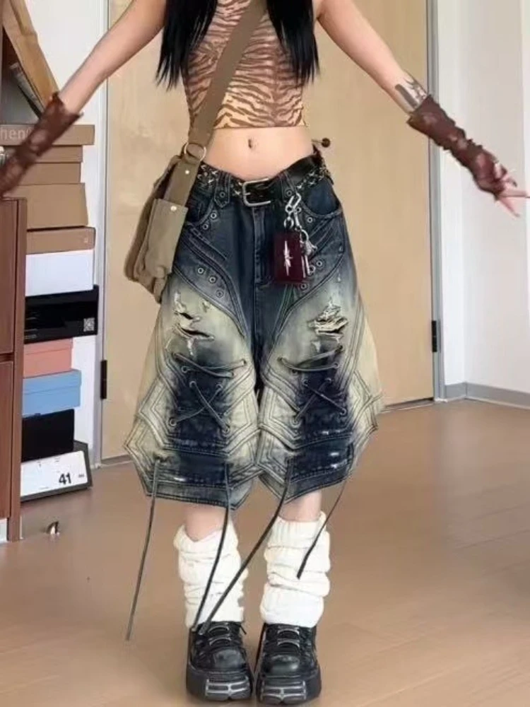 

Американские уличные джинсовые брюки-карго на шнуровке, летние, в стиле Hot Girl Chic, свободные, широкие, укороченные, в стиле Y2K, шорты, женская одежда