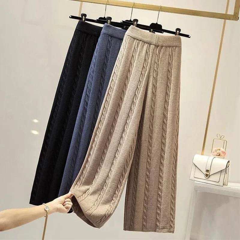 

High-waist Solid Color Knitted Wide-leg Pants 2023 Autumn And Winter New Korean Twist Stripe Cropped Trousers All-match Casual