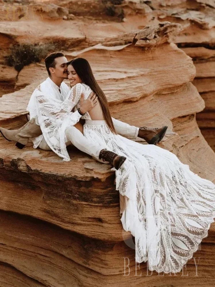 BEBEKEY Hippie Crochet Lace Wedding Dress With Slit Backless Chic Civil Bohemian Bridal Gown Gatsby Elvish Dress Customized