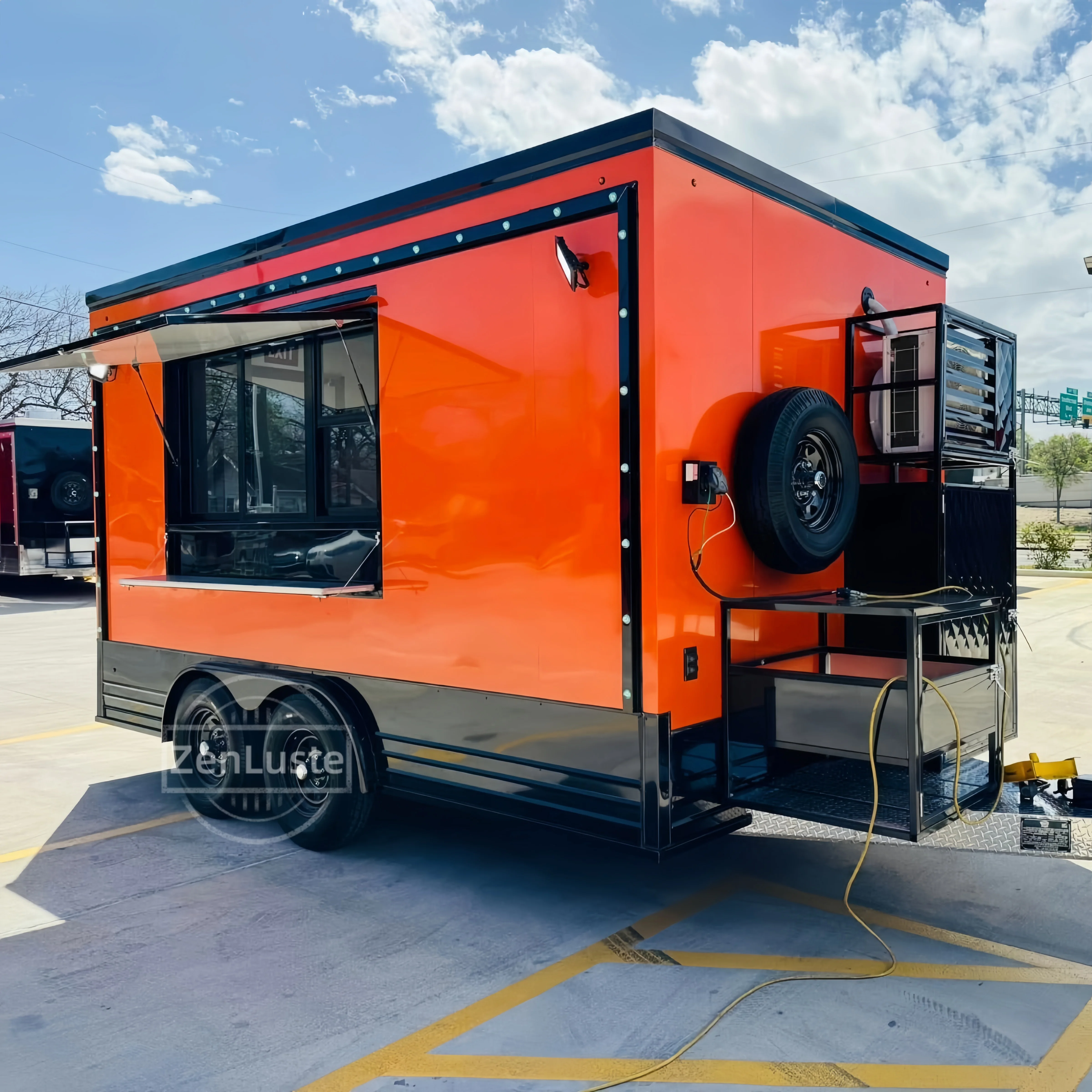 

Food Truck Trailer – Fully Equipped Mobile Food Truck with Customized Kitchen, Coffee Bar, Pizza Oven, Hot Dog Cart, Freezer