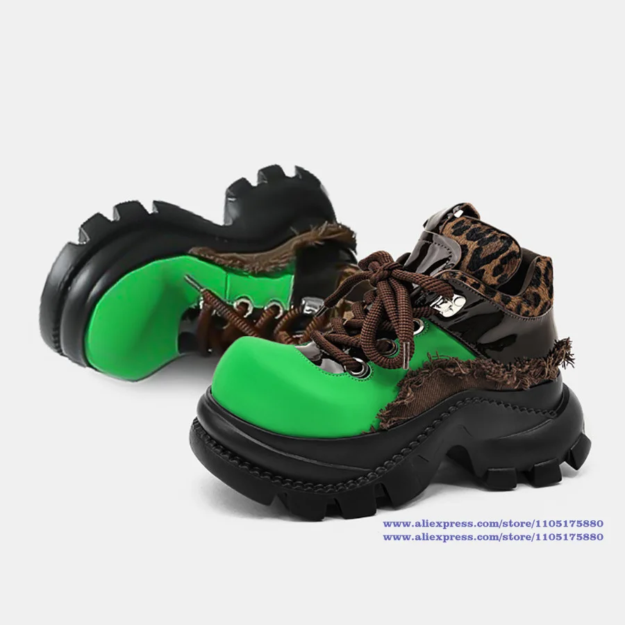 Punk Y2K Platform Sneakers Leopard Patchwork Green Brown Contrast Frayed Fringe Lace-Up Thick Sole Streetwear Casual Shoes