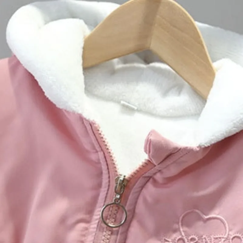 Autunno inverno capispalla per bambini con cappuccio cerniera giacche di cotone caldo peluche addensare vestiti per ragazze rosa giallo carino