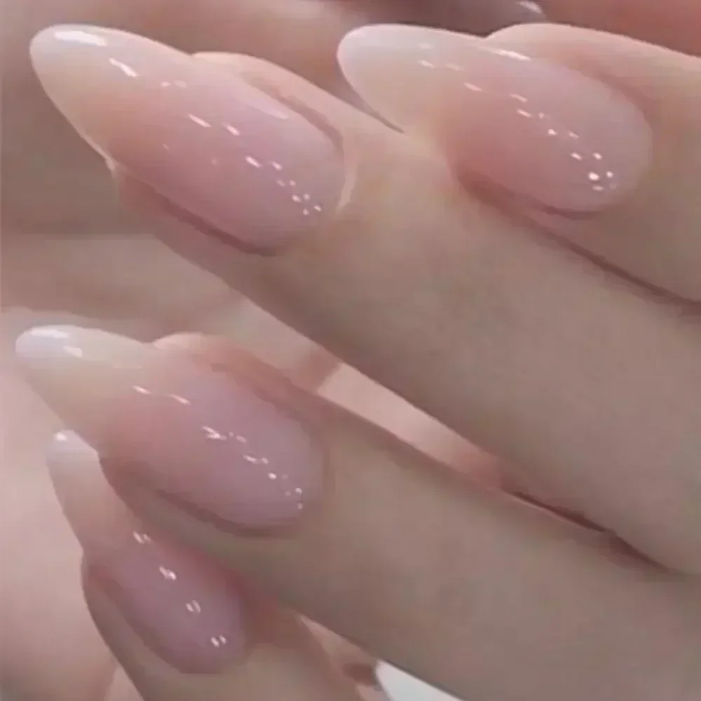 24Pcs Short False Nails French Gradient Pink Fake Nails Almond Press on Nails Coffin Full Cover Nail Tips Detachable Manicures