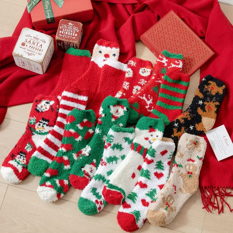 New Christmas coral fleece warm and thick winter socks snowman sleeping floor socks