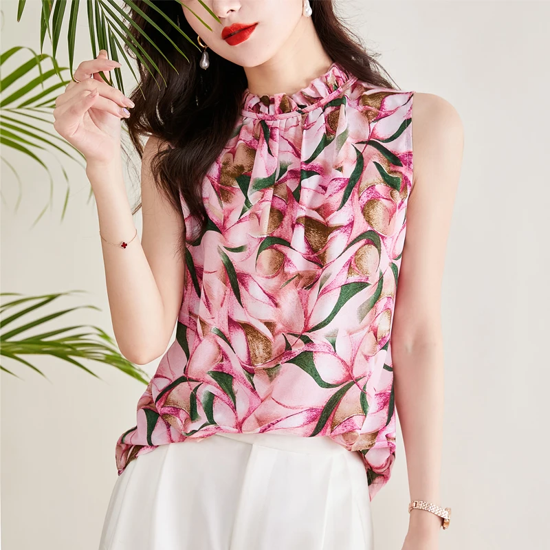 2023 Summer New Fashion Women Blouse Elegant Chiffon Sleeveless Ruffle Print Pullover V-Neck Top Office Lady Formal Shirts