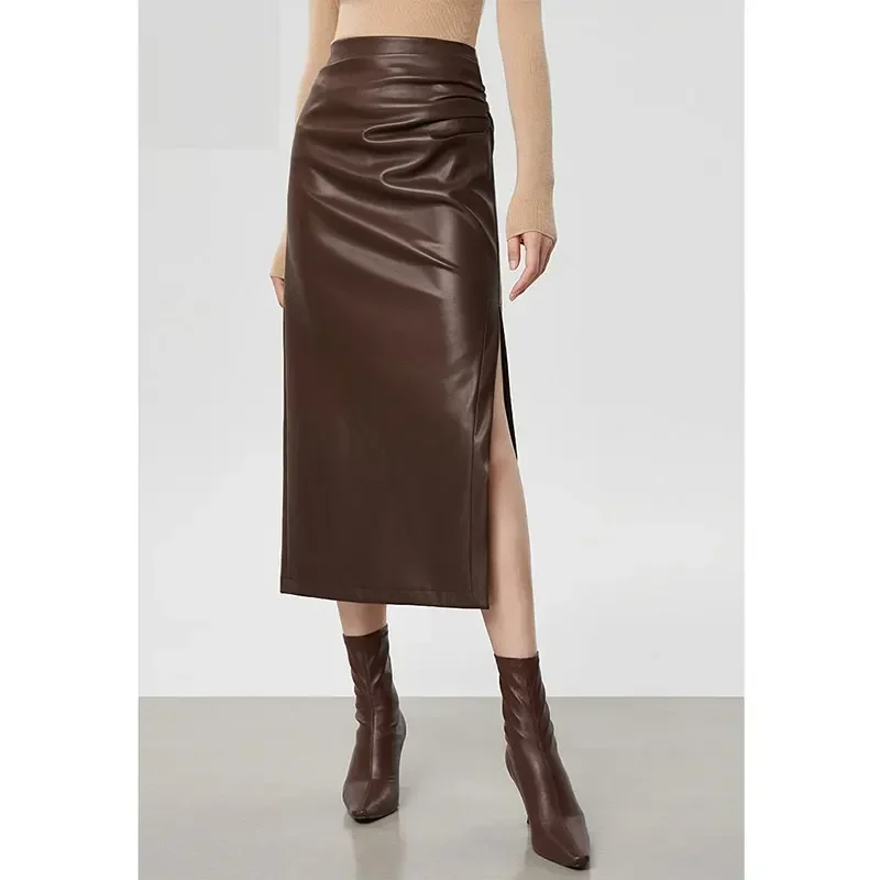 

Vintage Matte Leather Midi Skirt Women High Waist Straight Skirt Hem Side Split Ladies Elegant Stetch PU Skirt Party Custom New