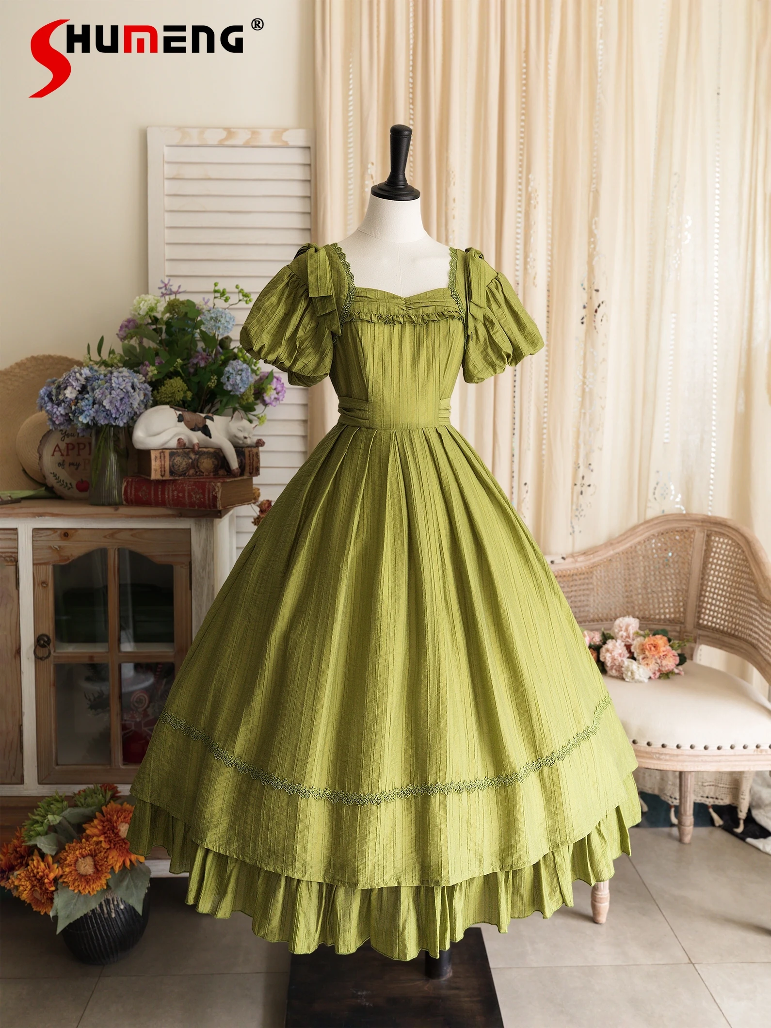 

Original Elegant Retro CLA Square Collar Puff Short Sleeve Ruffles Pleated High Waist A-Line Tencel Classical Long Dress Women