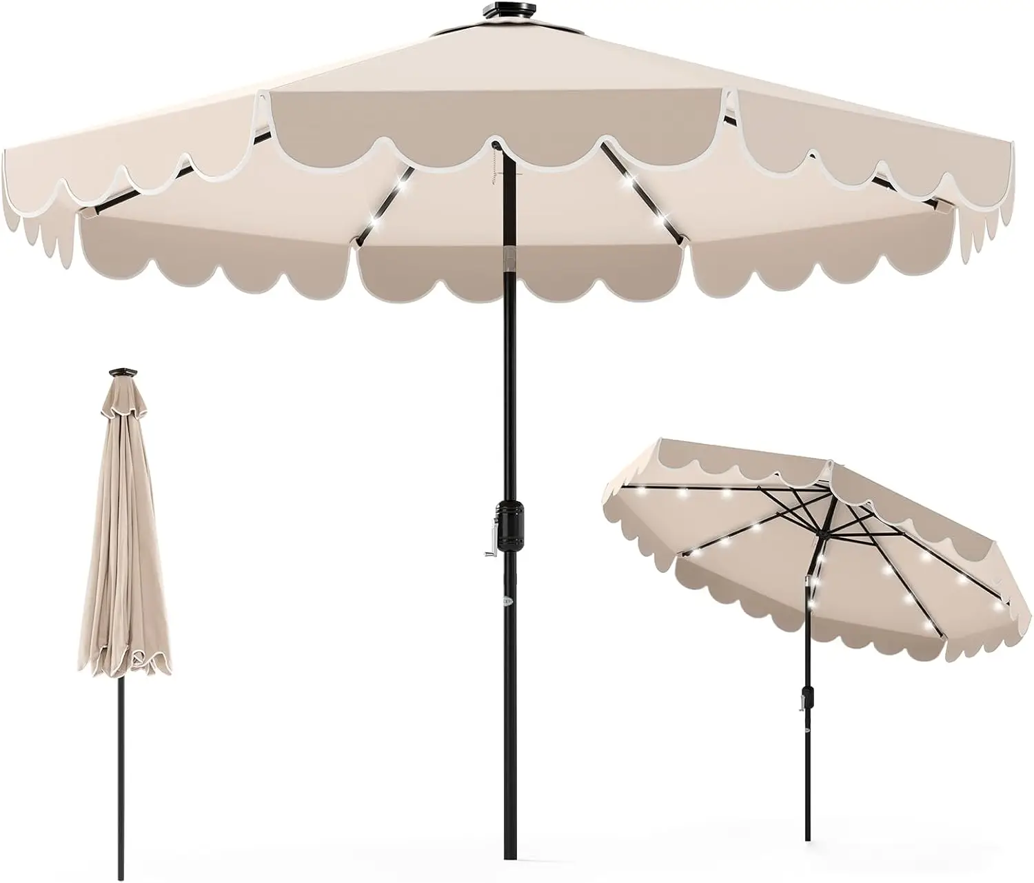 

9 FT Solar Patio Umbrella with LED Lights, Vented Top, Tilt & Crank for Outdoor Poolside Deck Beach