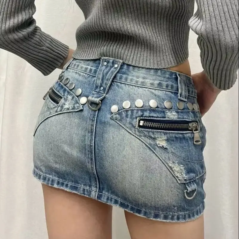 Japanese American Retro Plus Size Nail Jeans Denim Skirt Low Rise Cargo Skirt Mini Sexy Hot Aesthetics American Style Cyber Punk