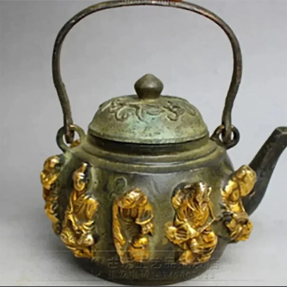 Ancient Pure Copper Bronze Embossed Gold-Plated Eight Immortal Teapot Handle