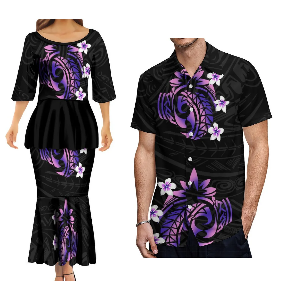 

Couple Set Women'S Fashion Dress Puletasi Traditional Dress Fishtail Maxi Skirt Matching Men'S Shirt Polynesian Design