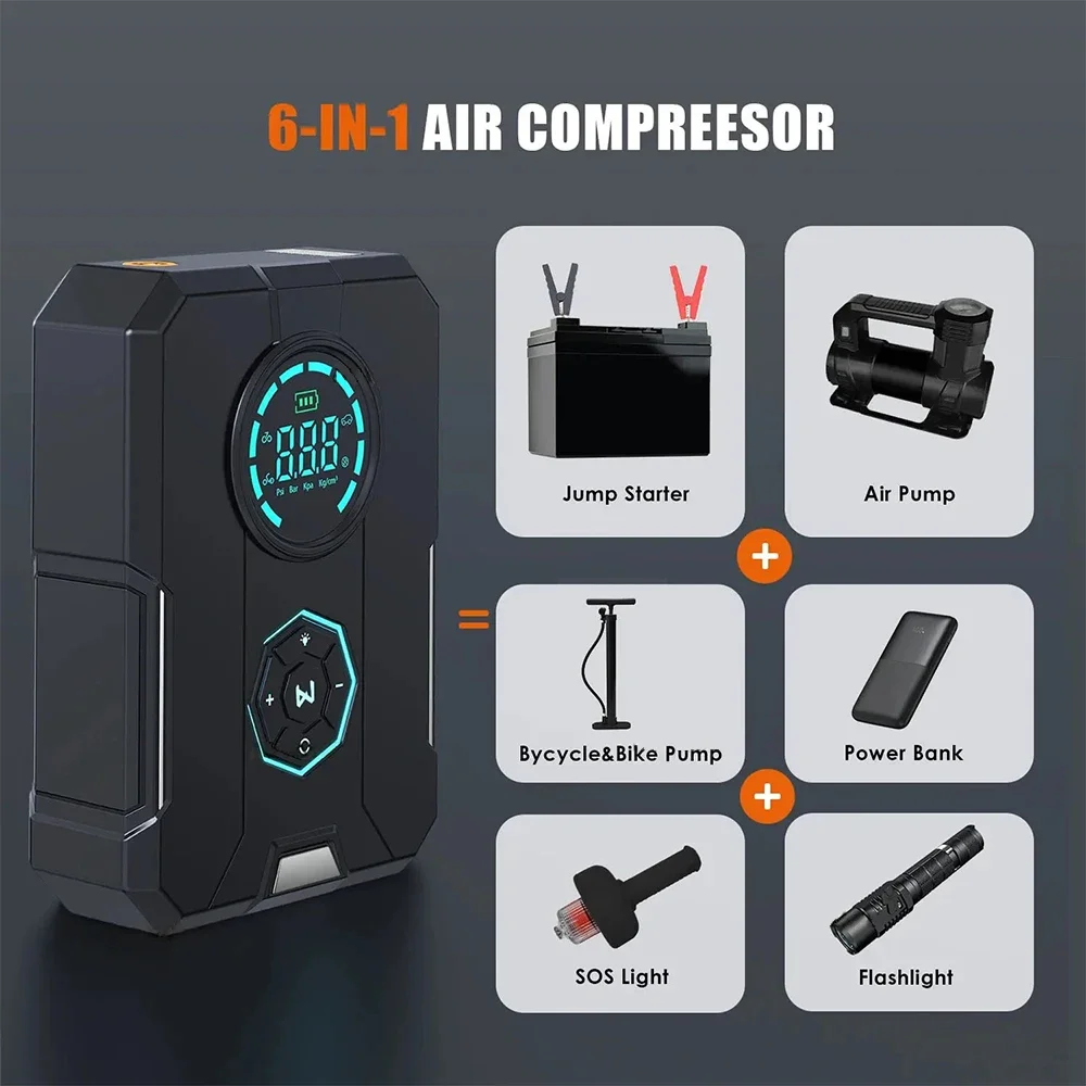 Car Jump Starter Emergency Air Pump Portable Air Compressor Multi-function Tire Inflator Auto Portable Battery Starter