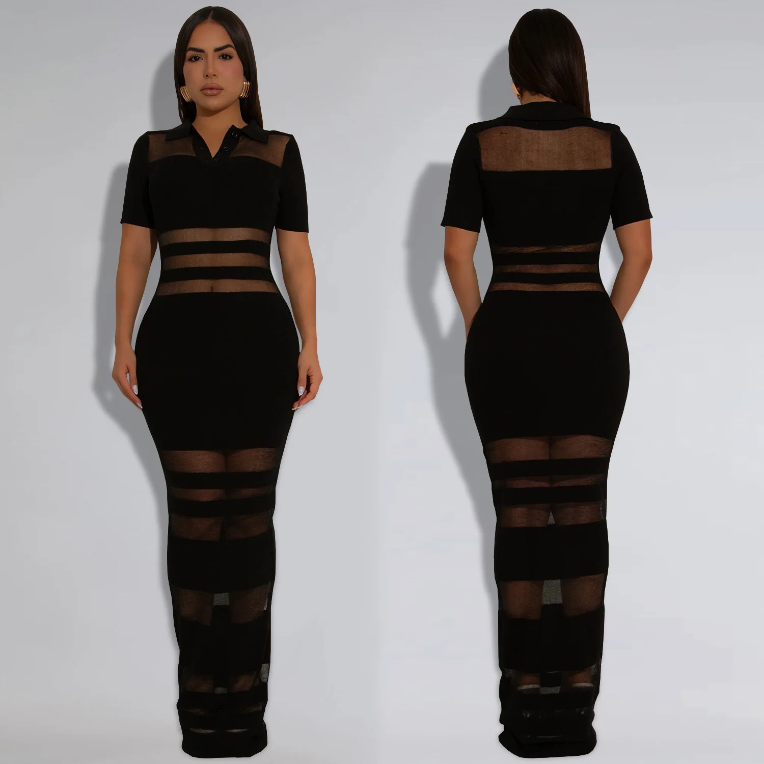 Vestido sexy transparente de malla con retazos para mujer para verano 2025