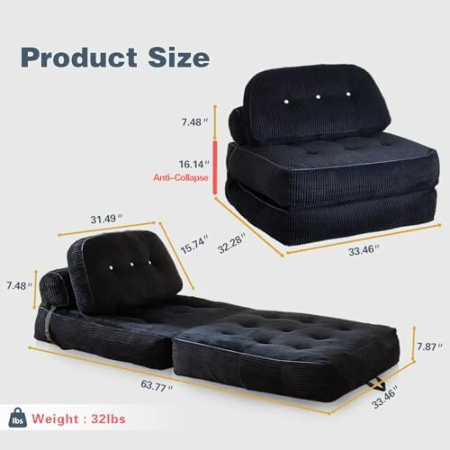 Folding Sofa Bed, Flannel Futon Couch Bed with Pillow and Blanket, Convertible Sleeper Chair for Small Space Apartment