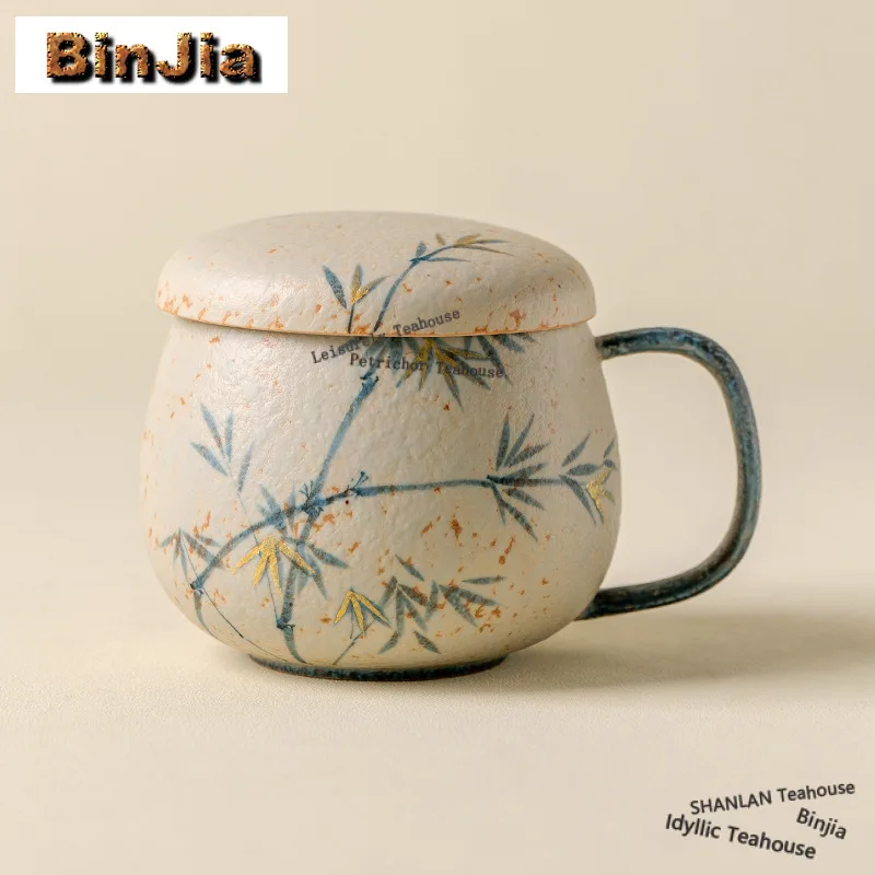 

330ml Hand-painted Bamboo Filter Tea Separator Cup Aesthetic Tea Mug With Infuser Handgrip Cups Tea Maker Office Water Cup Gifts