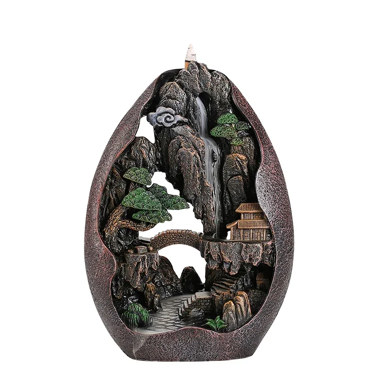 Fountain Incense Burner Light Ornament Backflow Mountain River Inscence Holder Rockery Waterfall Burner Buda Smoke Decor