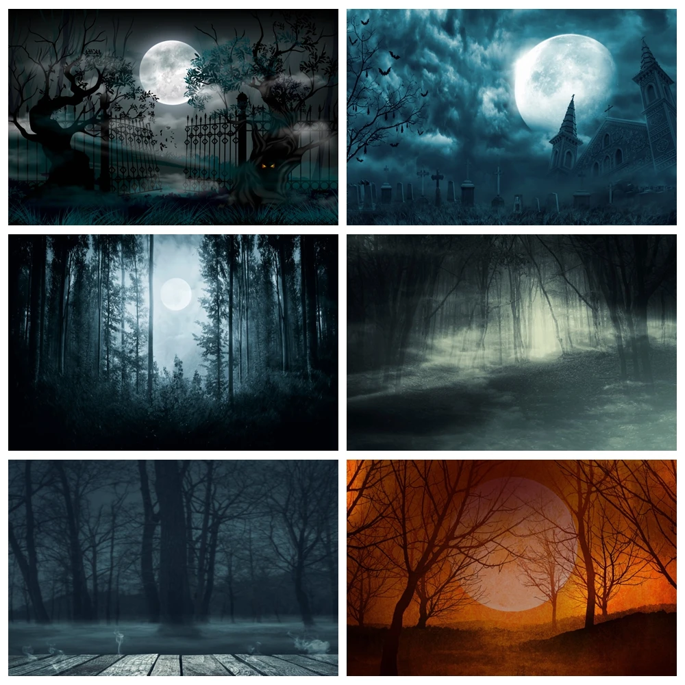 

Mysterious Foggy Forest Backdrops for Photography Dark Horror Forest Moon Background Halloween Party Decoration Photo Props