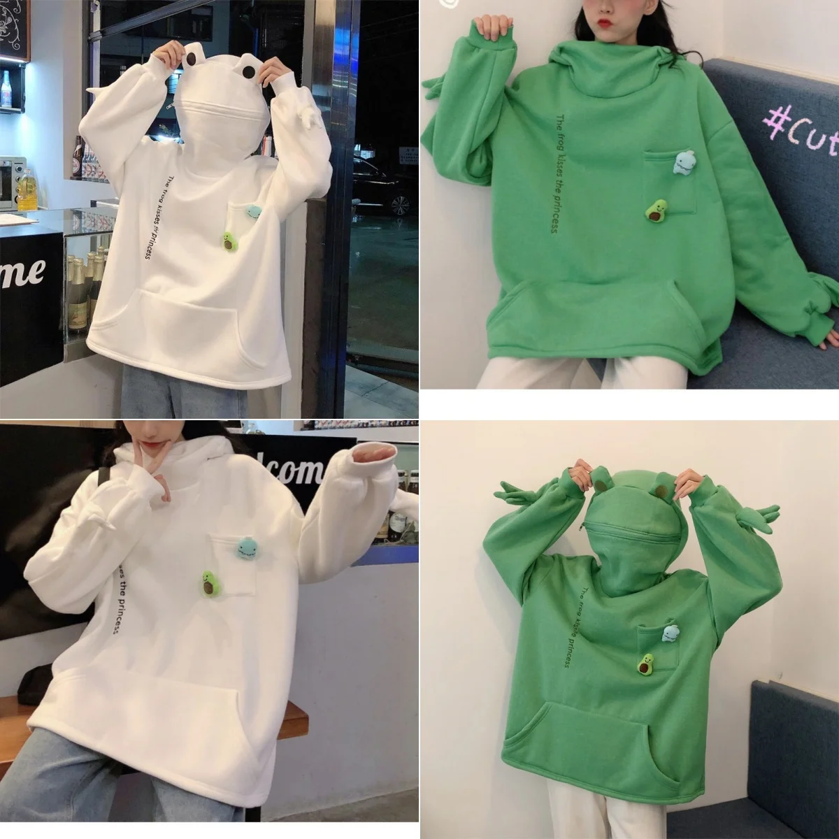 Frog Zipper Hoodie Fleece Lined Springtime Embroidery oversized Sweatshirt Harajuku Warm Pullover Korean Style