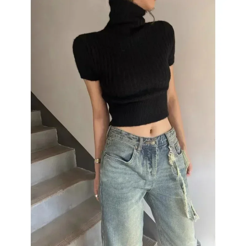 Grigio Ropa Mujer Pullover corto lavorato a maglia Donna Dolcevita Manica corta Tunica Maglione Pull Femme Moda Casual Y2k Maglione Top