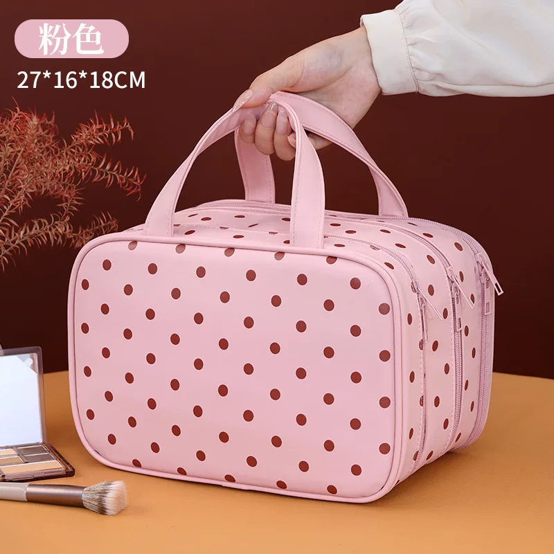 Handtasche mit Polka-Dot-Muster, multifunktionale Kosmetiktasche mit 3 Fächern, aus PU-Material, große Kapazität, wasserdicht, Reisetasche zur Aufbewahrung. – Detail 6