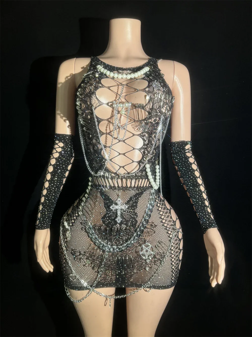 Sexy Hollow Birthday Rave Dress Slim Costume Clothes Black Rhinestones Fringed Sleeveless Tight O-neck Backless Mini Dresses