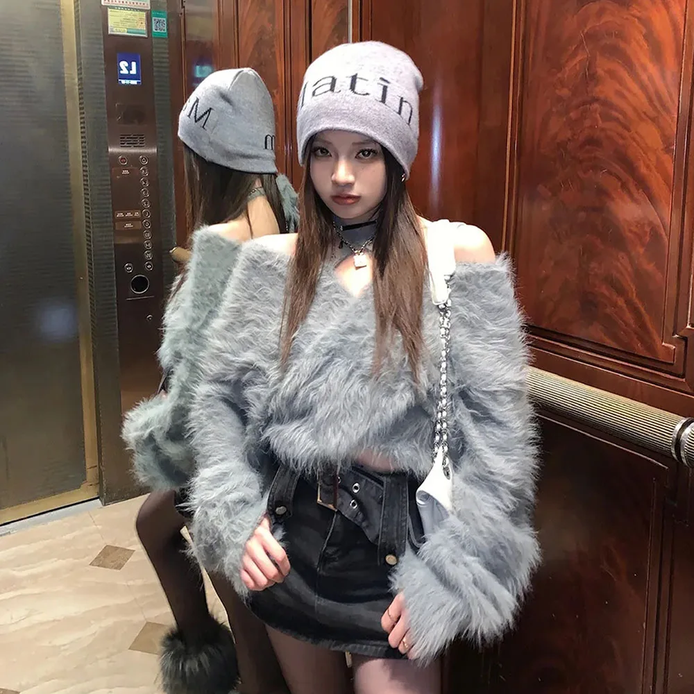 2024 Grey Halter Neck Loose Sweater Women Short Off Shoulder Imitation Mink Fur Tops Ladies Spring Autumn Soft Sexy Pullovers