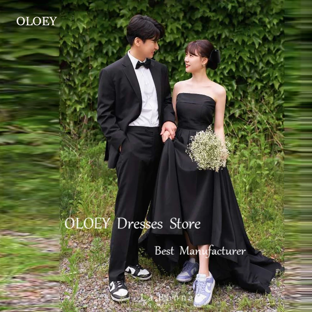 

OLOEY Simple Black Taffeta A Line Evening Dresses Korea Wedding Photoshoot Bolero Formal Party Dress Plus Size