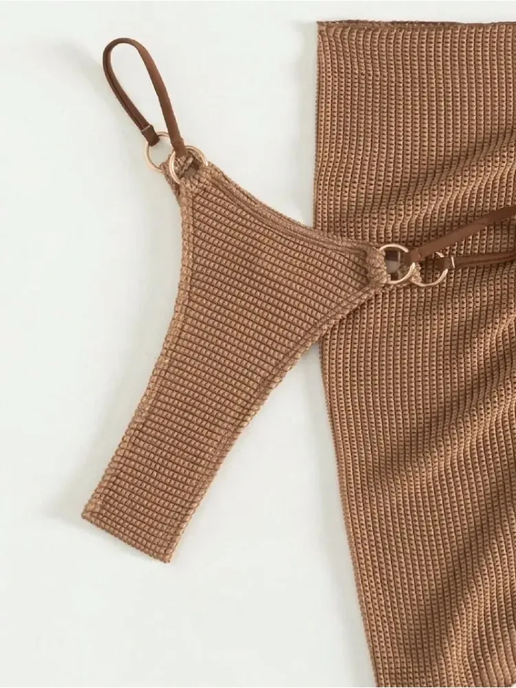 2025 New Sexy Women Brown Halter Push Up Bra 3 Piece Bikini Set Thong Summer Beach Bathing Suit traje de baño de mujer swimsuit