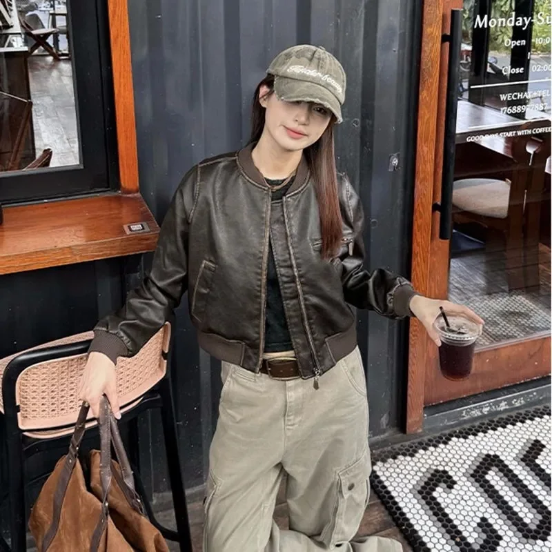 Outono senhora mangas compridas jaqueta de couro coreano feminino casual curto casaco de couro do plutônio moda feminina em torno do pescoço falso couro outwear