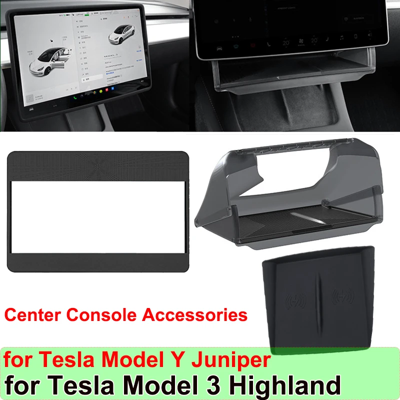 

For Tesla Model Y Juniper 2026 Accessories Under-Screen Storage Organizer Box Center Console Screen Protect Trim Charge Pad Mat