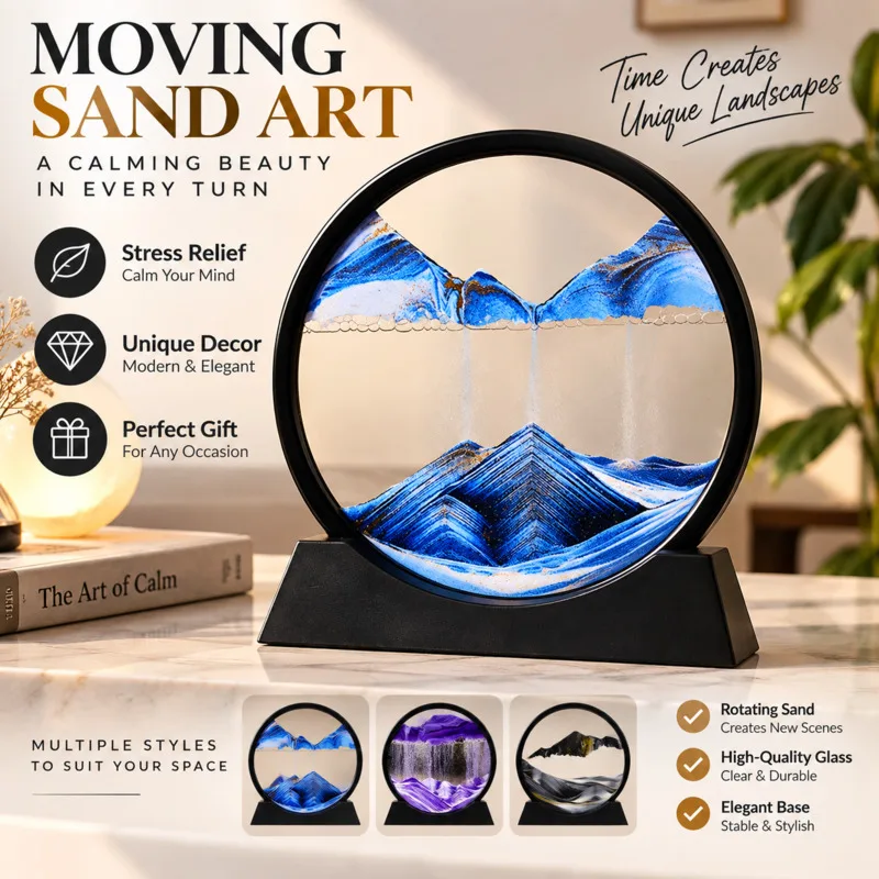 Round Moving Sand Art Picture Frame, Blue Mountain Sandscape Kinetic Hourglass, Desktop Decoration Home & Office, Creative Gift