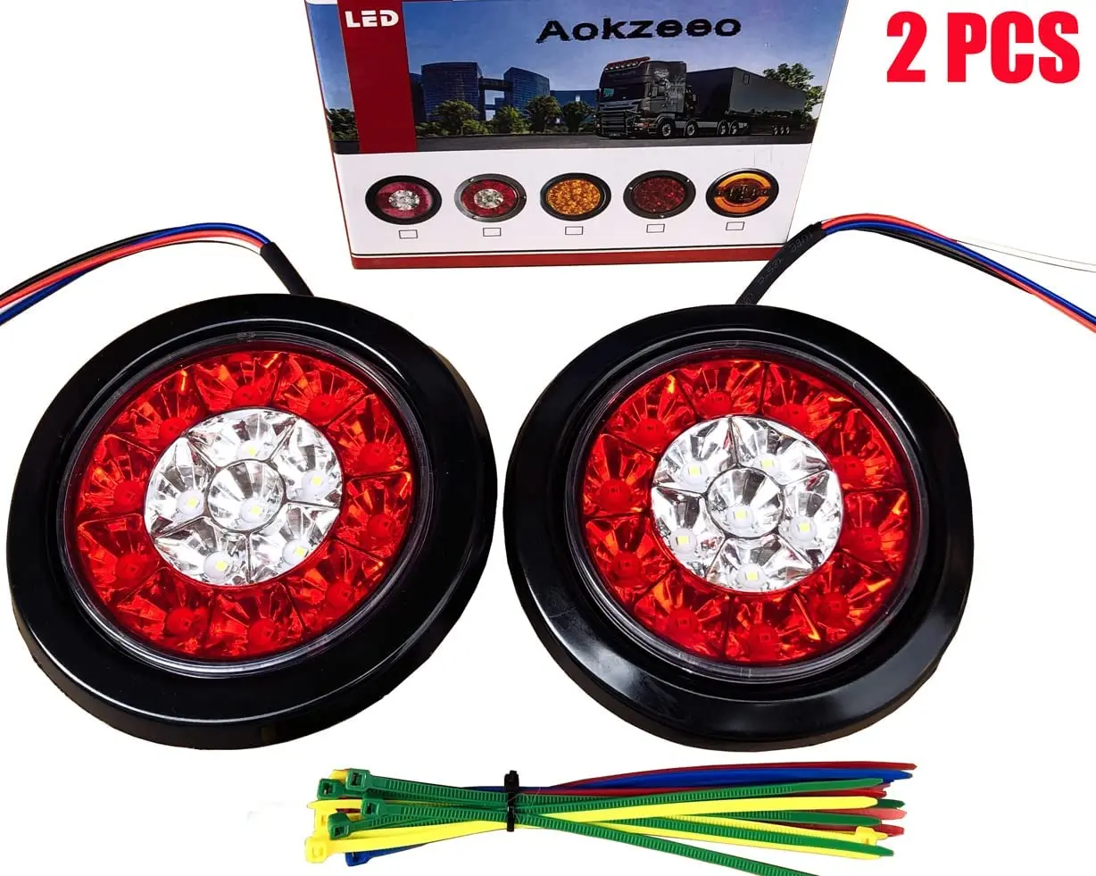 

2pcs 4 inch trailer lights round LED tail lights 16 Led round Red Brake/reverse/Running Tail Lights white reverse backup light