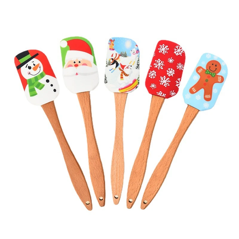 

25cm Christmas Pattern Cake Cream Silicone Spatula with Wooden Handle Butter Pastry Scraper Kitchen Chocolate Baking Mixer