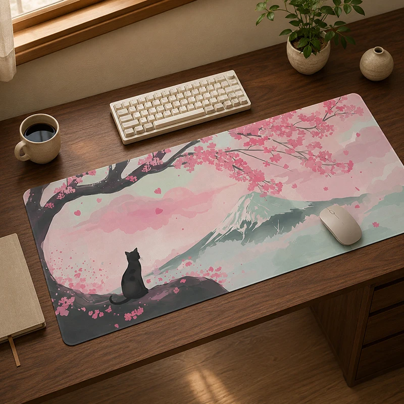 Mouse Pad Sakura Mount Fuji Black Cat Gamer printon demand Home Large Mousepad XXL Playmat Office Carpet Computer Mouse Mats