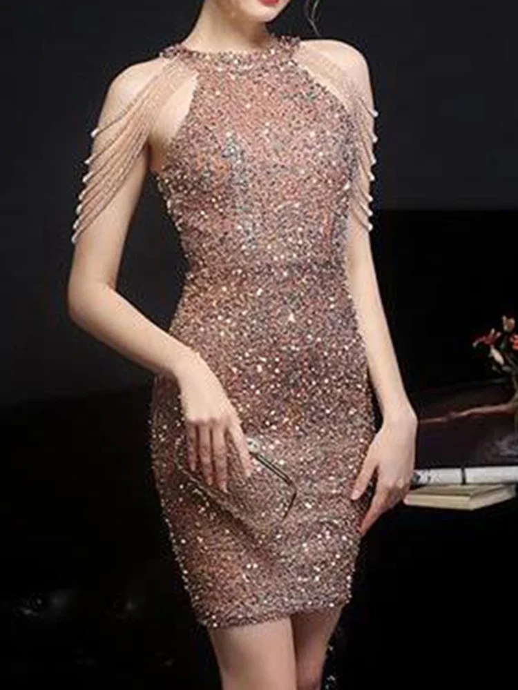 Sequins Sexy Dress for Women 2023 New Solid Slim Halter Shiny Zipper Mini Dresses Elegant Off Shoulder Evening Vestidos