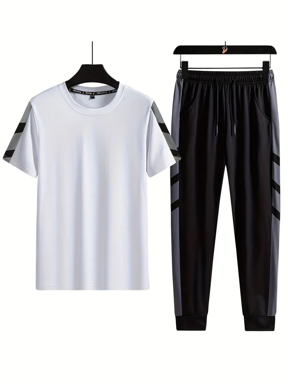 Summer men's new striped printed men's polyester breathable round neck T-shirt and pants set outdoor casual wear