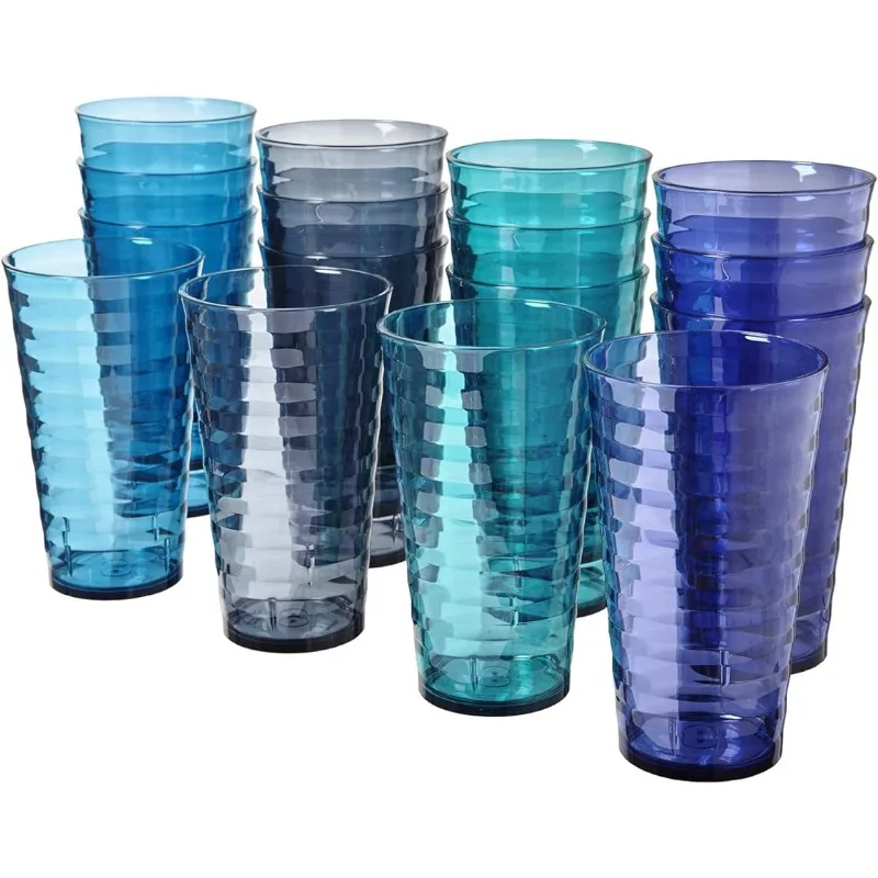 18 ounce Plastic Stackable Water Tumblers in 4 Coastal Colors | Value Set of 16 Drinking Cups | Top-rack Dishwasher Safe