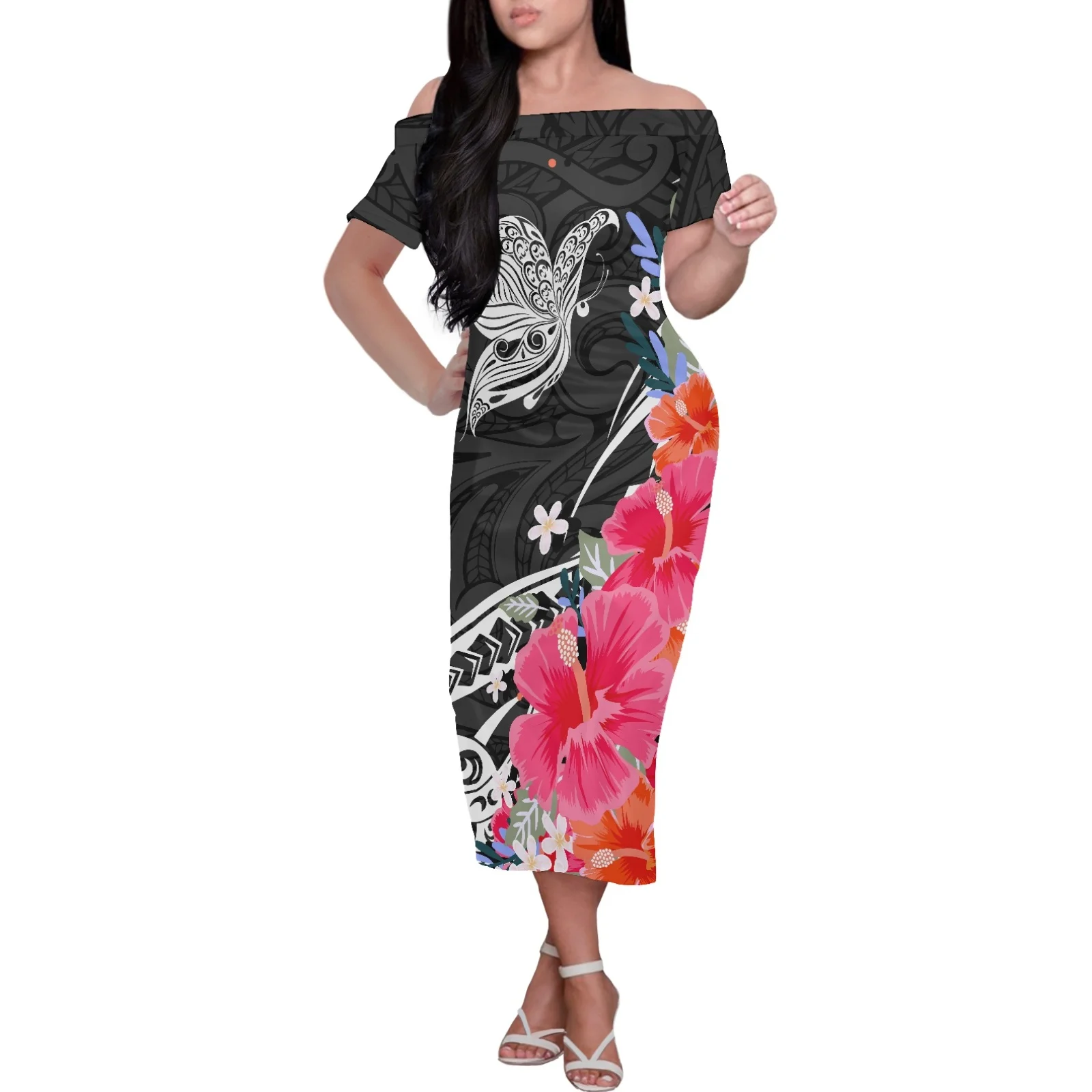 Summer Off Shoulder Dress Women Backless Maxi Dress Party Night Ladie Black Samoan Design Clothing Elegant Island Wear Women Dre