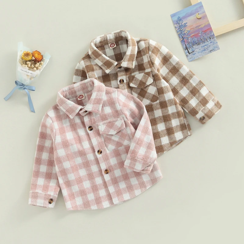 Children Plaid Lapel Collar Button Shirt Coat Jacket for Girls Boy Baby Kids Spring Autumn Children\'s Warm Outerwear