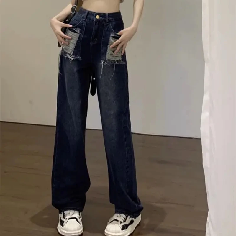 Women's Ripped Jeans Vintage With Holes Trousers Straight Leg Unique Shiny Clothing Xxl Trend 2025 Basics Cowboy Pants for Woman