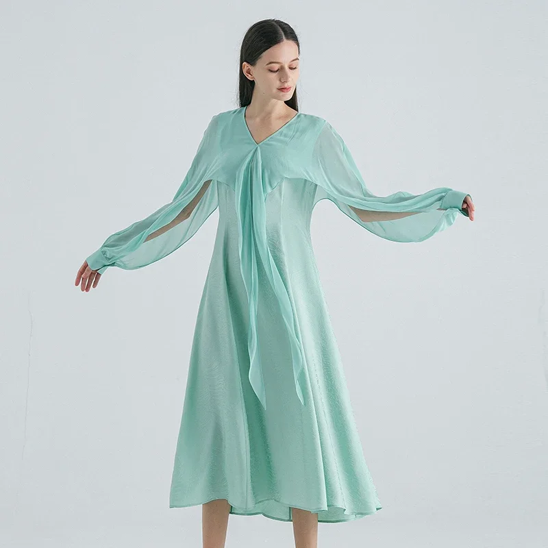 

(Fans Exclusive Discount) VOA Silk Jacquard V-neck Shirt Long Sleeves Dresses Women Ruffles Party Dress Spring 2023 New AE1858