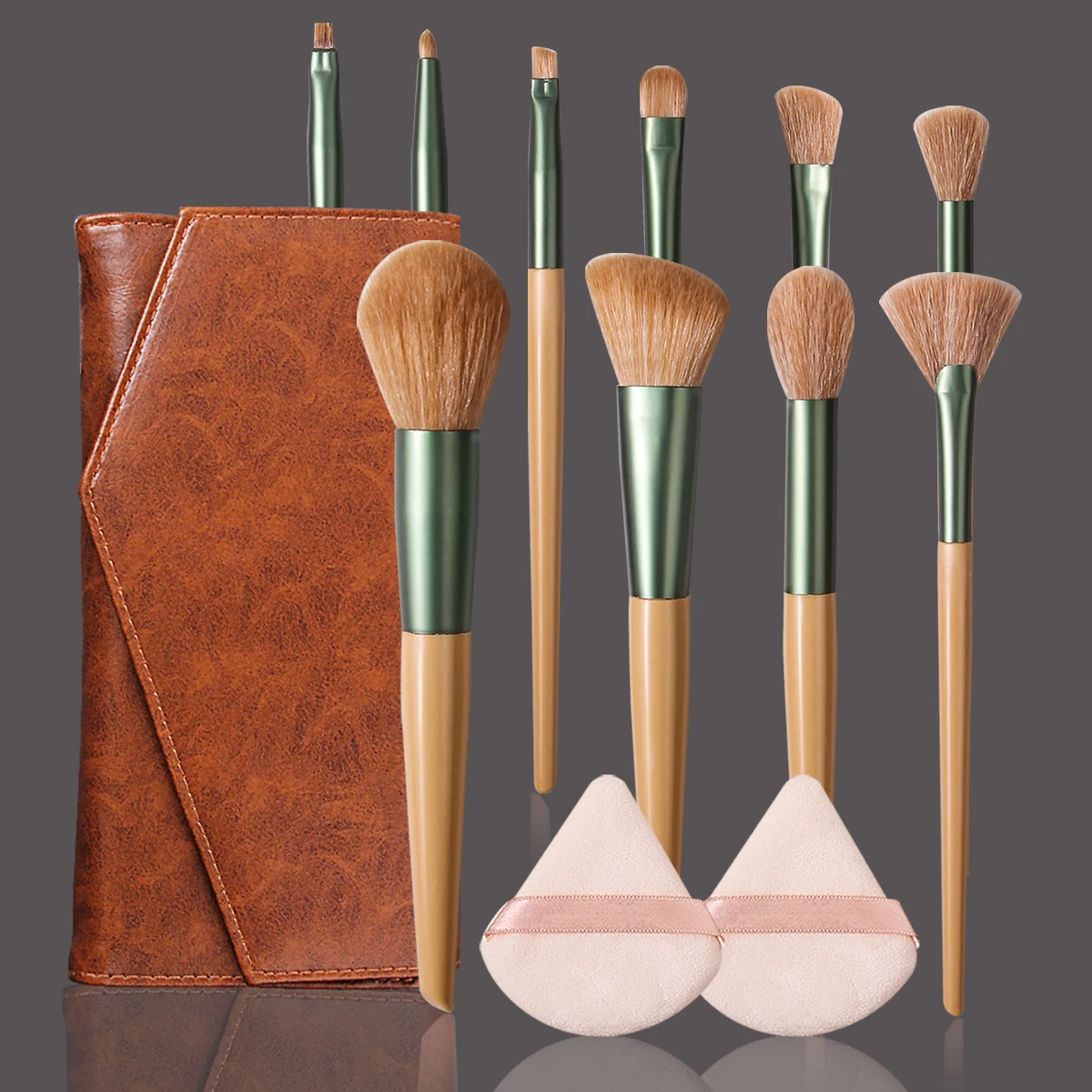 10 pçs conjunto de escova de maquiagem multifuncional & 2 pçs flocado triangular pó puff & 1 pçs elegante saco de armazenamento de escova de maquiagem do plutônio