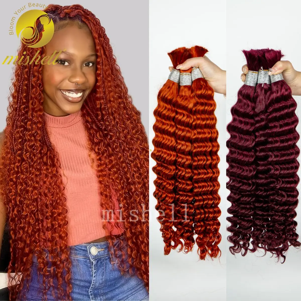 

350# Ginger Orange Deep Wave Human Hair Bulk for Boho Braids Curly Human Hair No Weft for Braiding Virgin Hair for Extensions