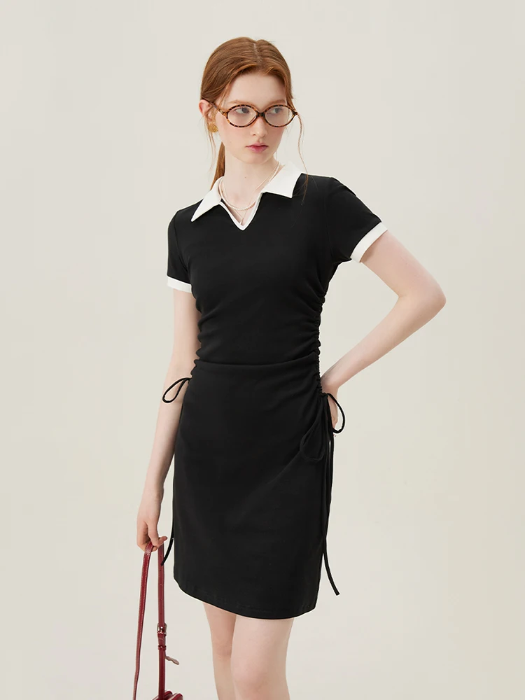 Fsle retro kontrast farbe taille kordel zug frauen schickes kurzes kleid 2024 sommer neues vielseitiges lässiges weibliches kleid 24 fs12293