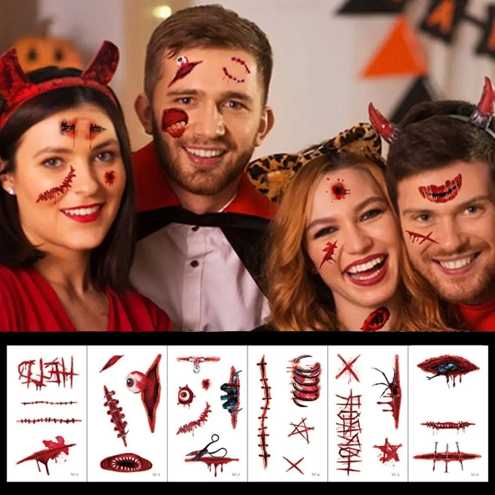 Mehrfarbige Halloween Tattoo Aufkleber Körper Make-up blutige 3D-Narbe temporäre Tattoos Aufkleber realistisch wasserdicht