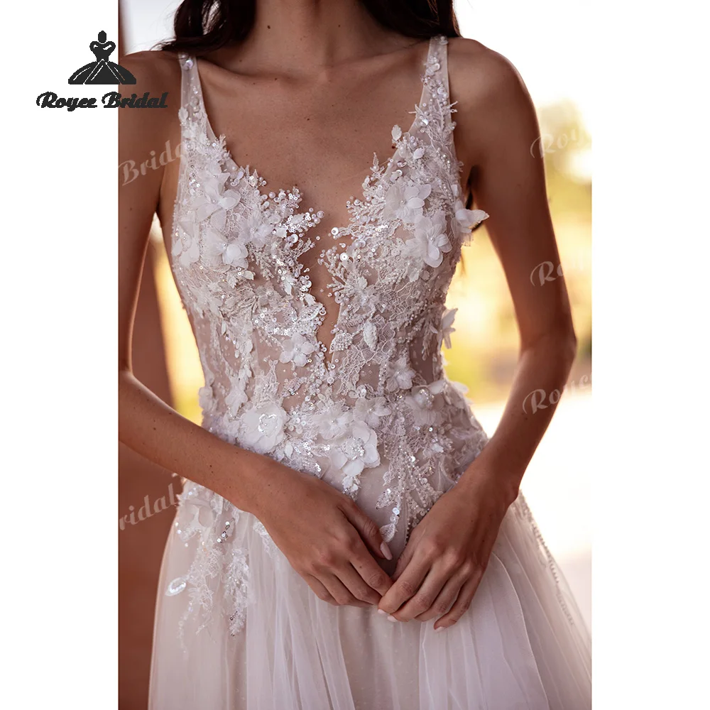 Suknie ślubne z tiulu z dekoltem w serek, aplikacjami, o kroju litery A, bez pleców, z trójwymiarowymi kwiatami i koralikami, na plażę, na zamówienie, vestido de novia 2026