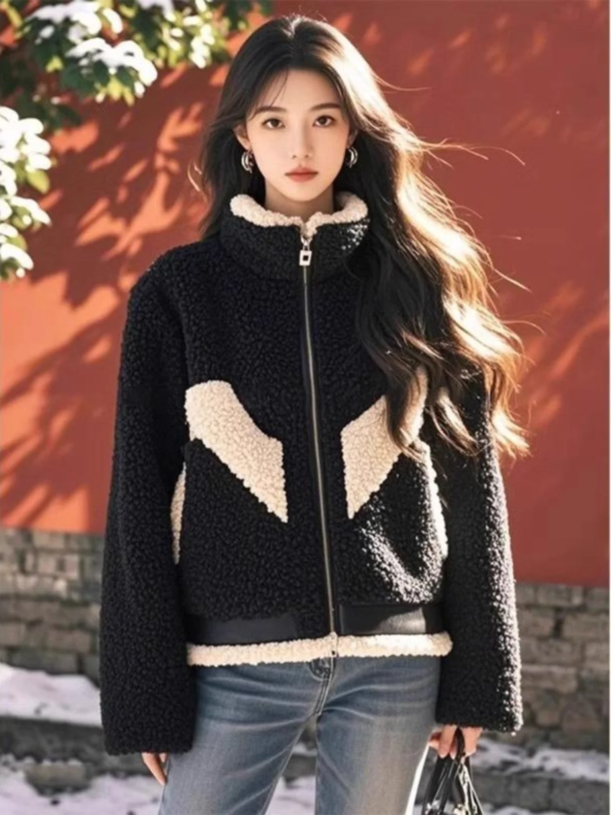 Casaco de Inverno de Pele de Cordeiro Bla Único e Bonito para Mulheres, Moda Elegante, Ajuste Solto com Zíper