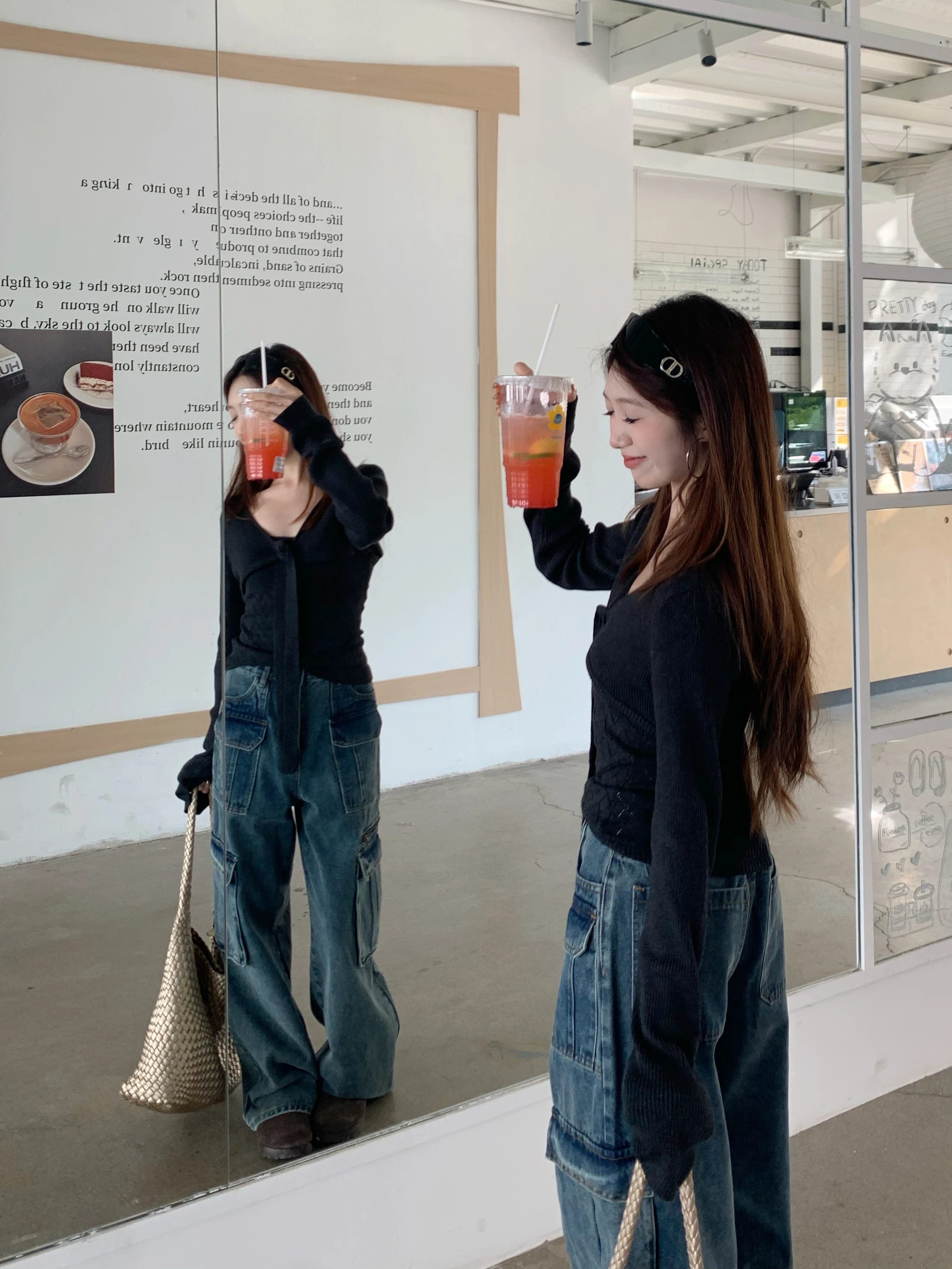 

Широкие брюки с высокой талией в американском стиле ретро, женские свободные джинсы прямого кроя, рабочая одежда, брюки, универсальные повседневные модные брюки